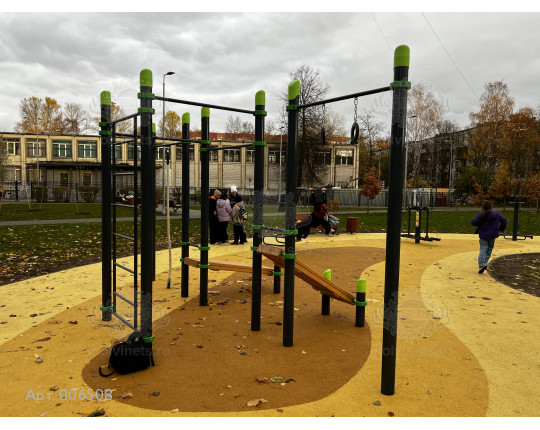 006508 - Воркаут-комплекс "Спорт" с 3 турниками, шведской стенкой, 2 наклонными скамьями для пресса, канатом и кольцами